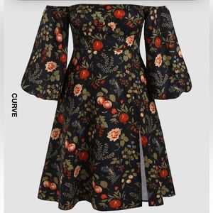 NWT Fruit & Floral Off-shoulder Slit Midi Dress Plus Sz Black Cottagecore Boho